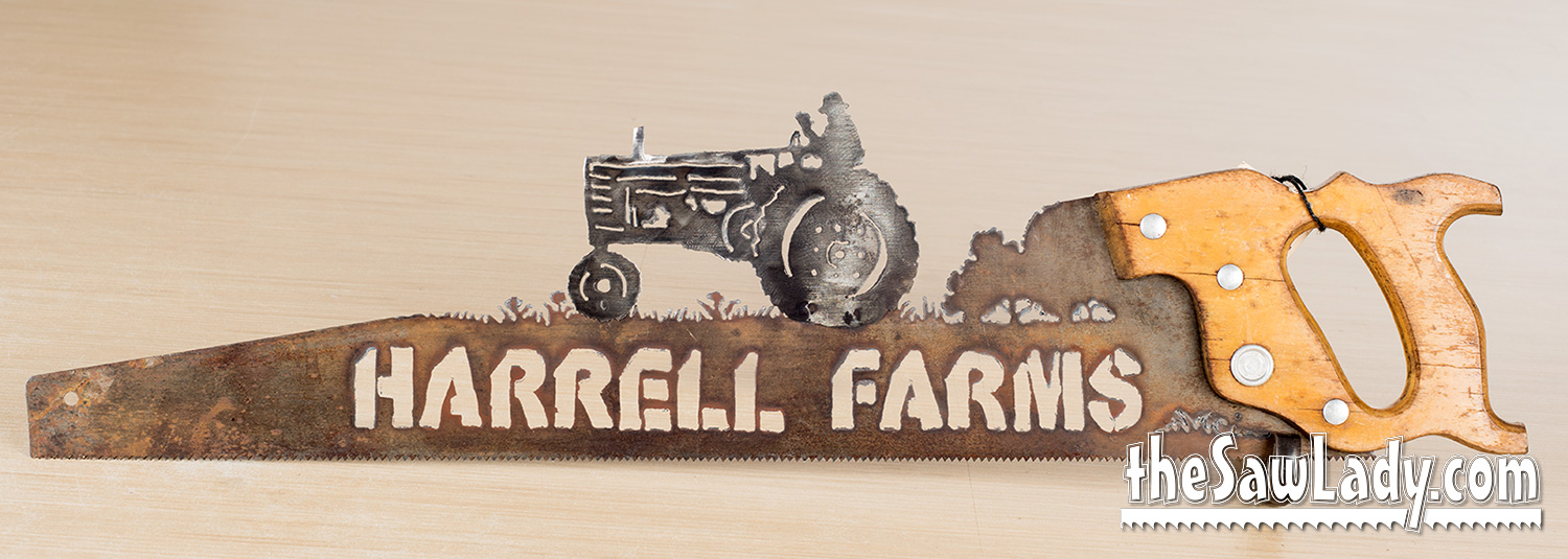 Farmer Riding a Tractor Hand Cut Plasma Metal Art Hand Saw Rustic