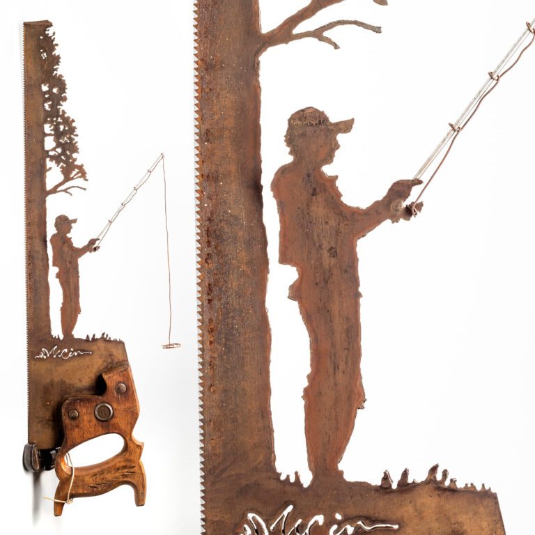 Fishing Next to a Tree Hand Cut Plasma Metal Art Hand Saw Rustic Wall