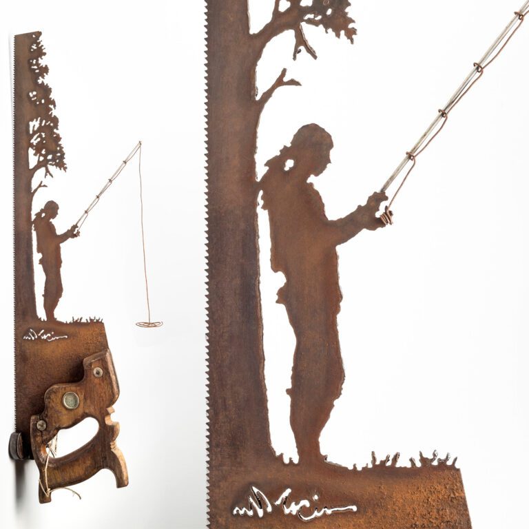 Fishing Next to a Tree Hand Cut Plasma Metal Art Hand Saw Rustic Wall