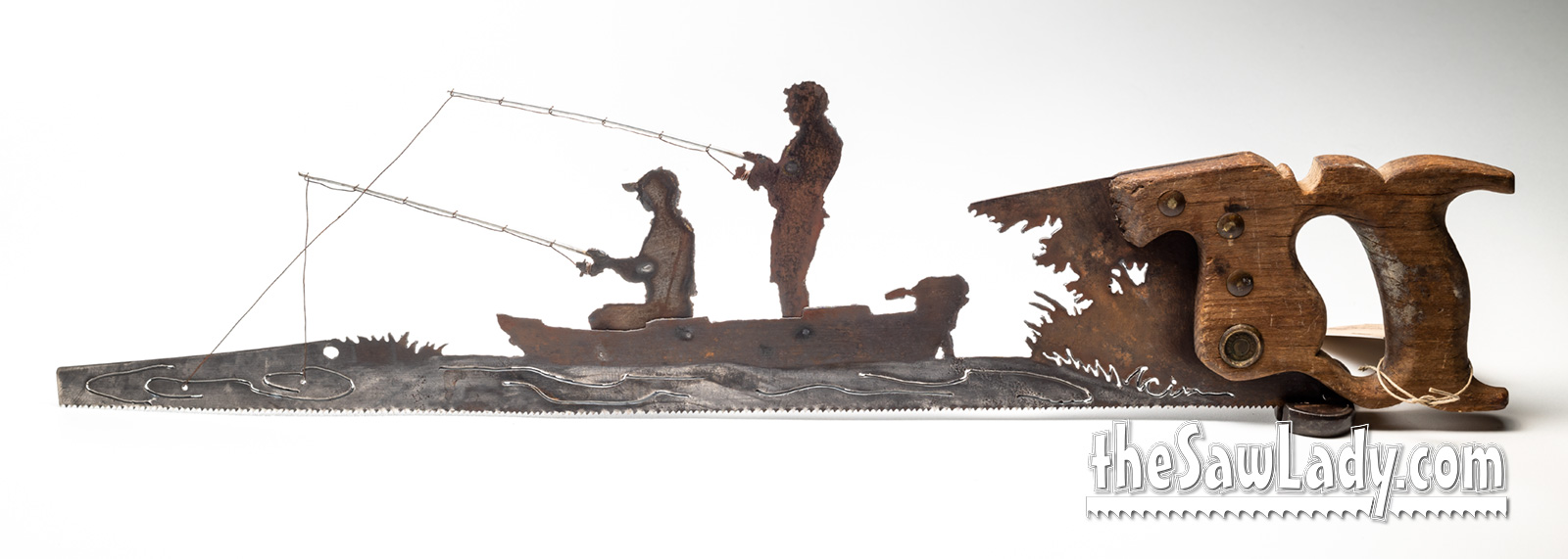 Fishing Boat & Fishermen Hand Cut Plasma Metal Art Hand Saw Rustic