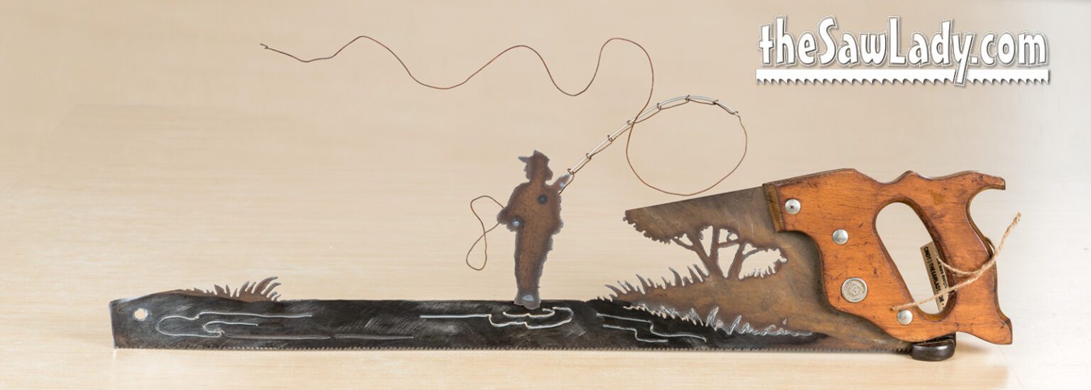 Fly Fisherman Hand Cut Plasma Metal Art Hand Saw Rustic Wall Decor