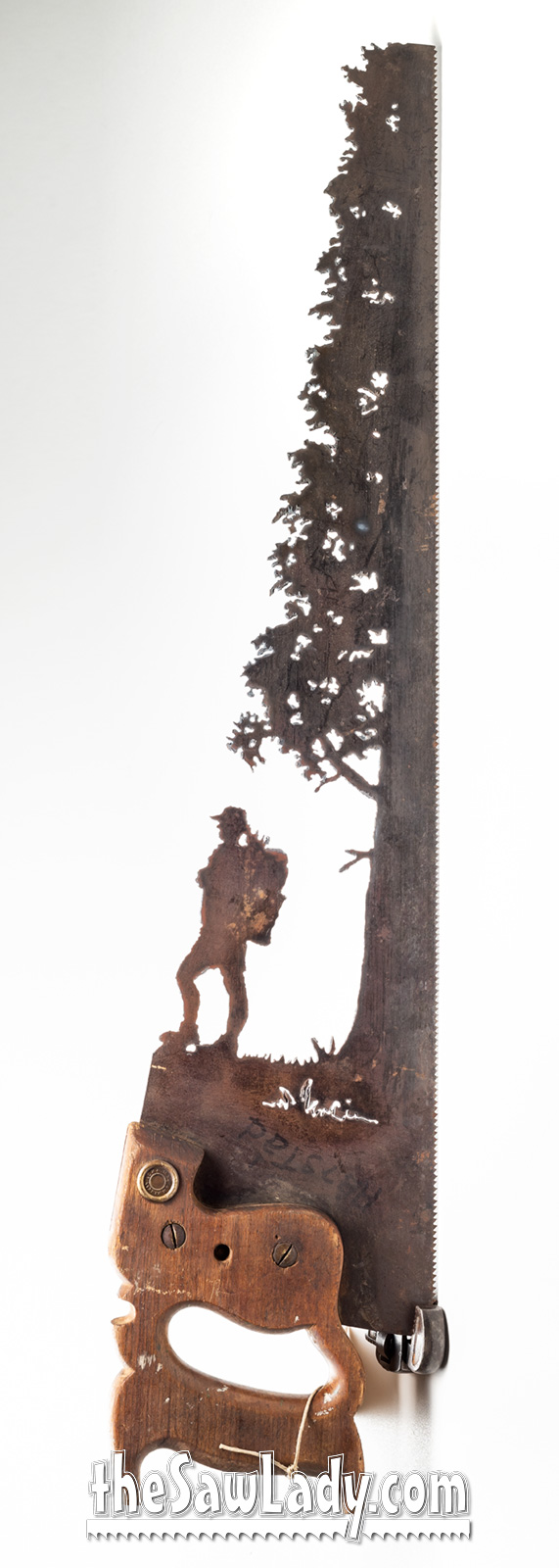 Woman Hiker Next to Tree Hand Cut Plasma Metal Art Hand Saw Rustic