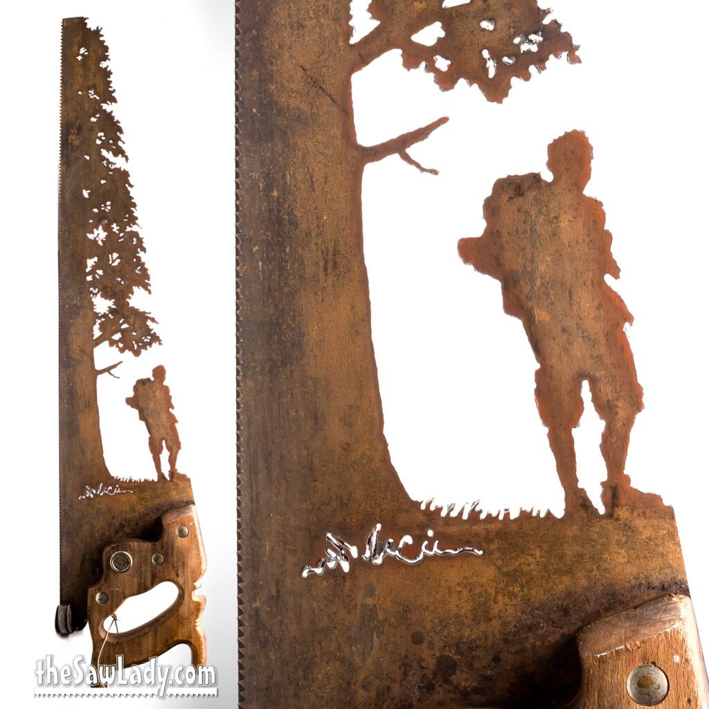 Male Hiker Next to Tree Hand Cut Plasma Metal Art Hand Saw Rustic
