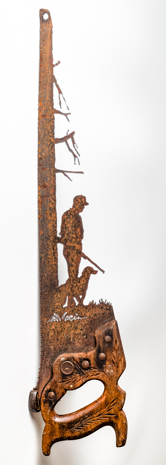 Hunter & Dog Hand Cut Plasma Metal Art Hand Saw Rustic Wall Decor