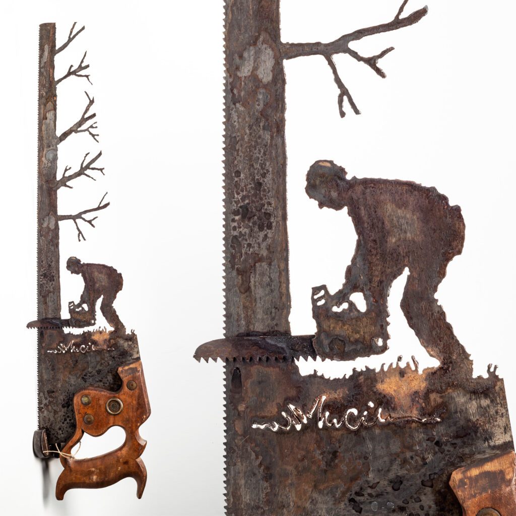 Logger Cutting Down Tree Hand Cut Plasma Metal Art Hand Saw Rustic