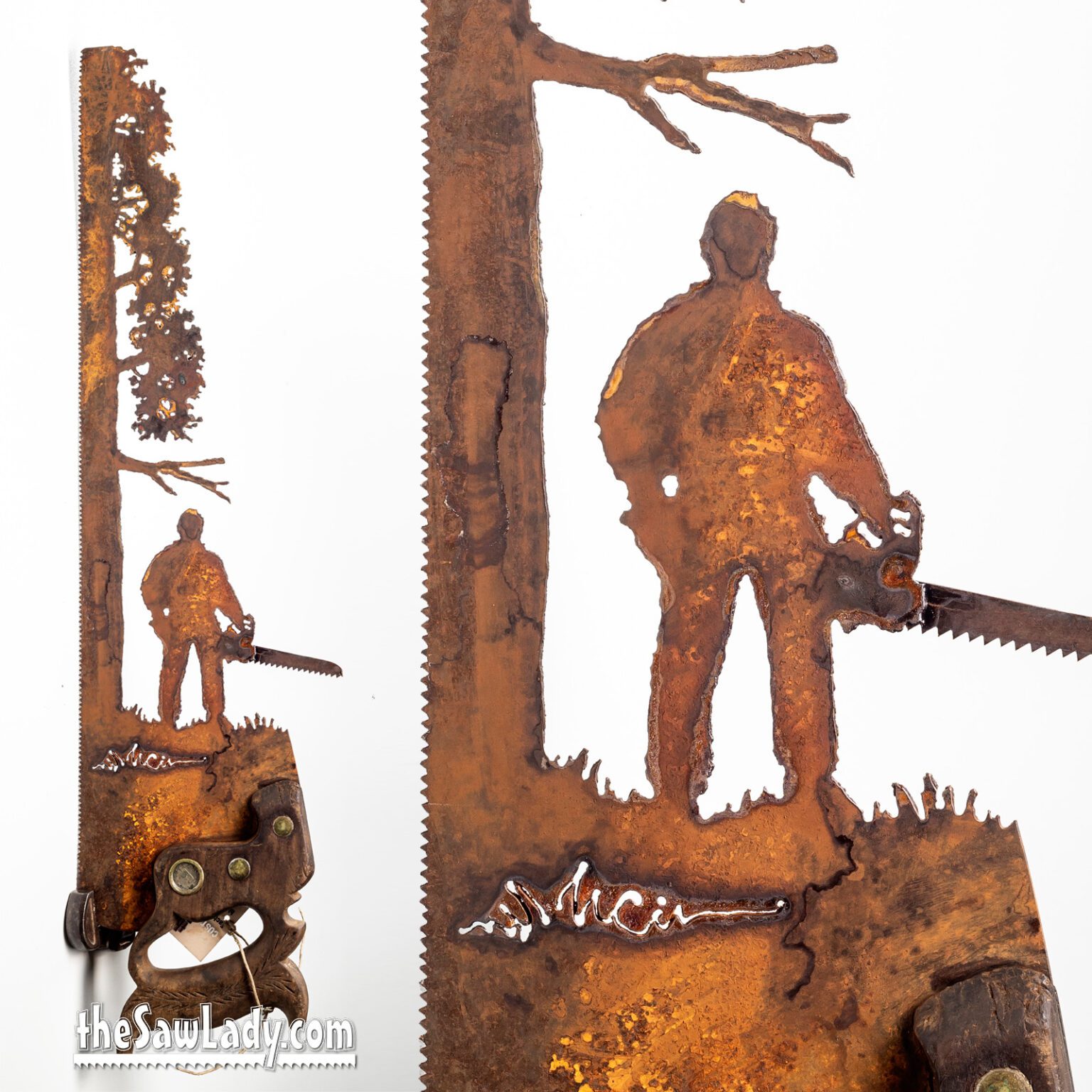 Lumberjack Arborist Standing Next to a Tree Hand Cut Plasma Metal Art