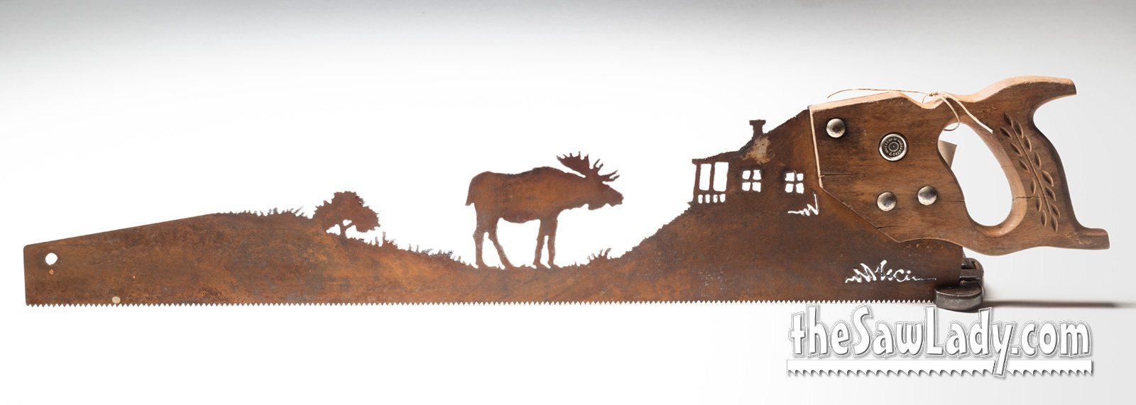 Moose at the Cabin Hand Cut Plasma Metal Art Hand Saw Rustic Wall