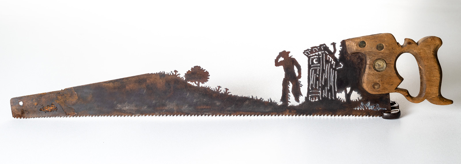 Cowboy Leaving the Outhouse (TCB) Hand Cut Plasma Metal Art Hand Saw
