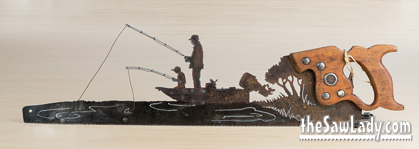 Fishing Boat & Fishermen Hand Cut Plasma Metal Art Hand Saw Rustic